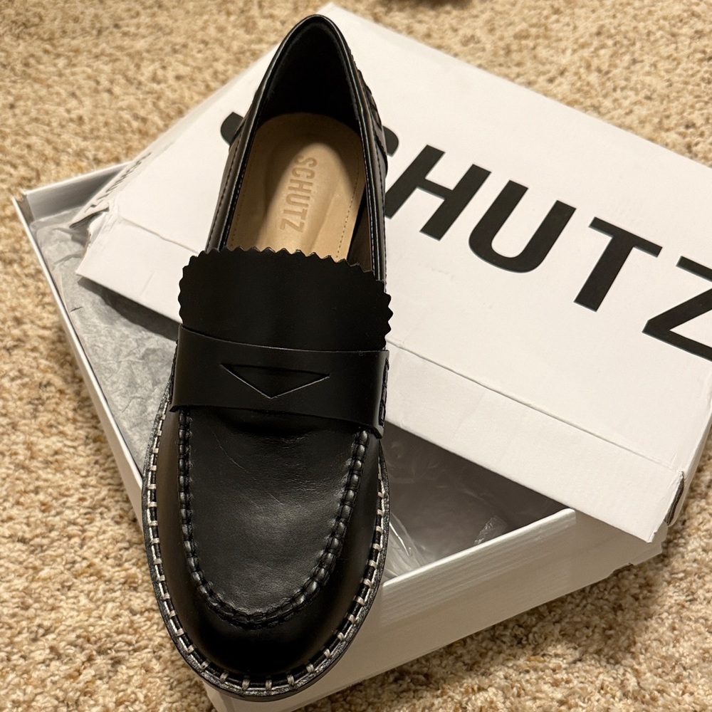 SCHUTZ Black Leather Penny Loafer Flats